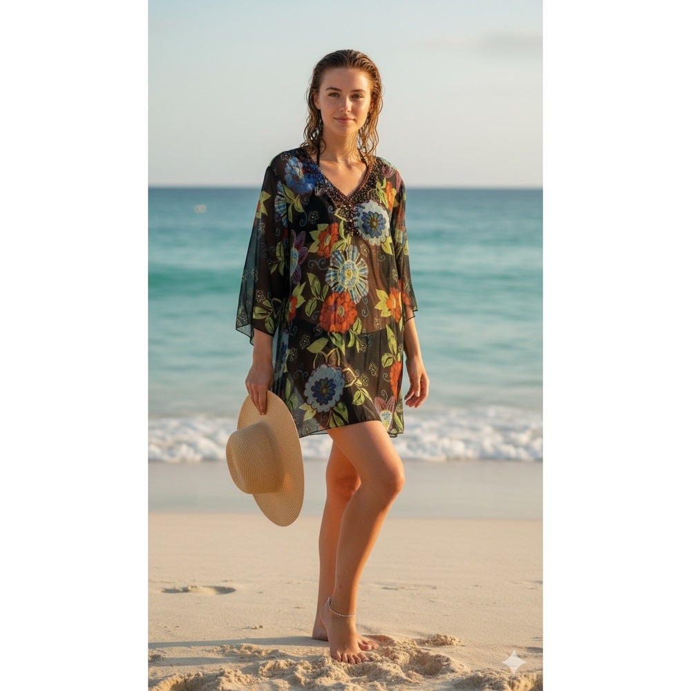 Indian Tropical Fashion black floral boho beach‎ tunic women S/M